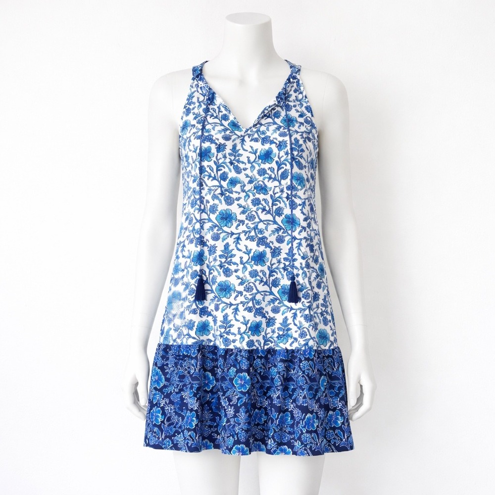 Tommy Bahama Blue Blossoms Floral Sun Dress Women's Small Beach Vacation Tassels